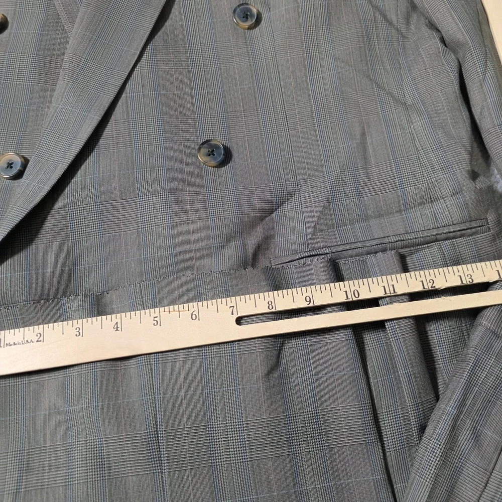 Perry Ellis Mens 43R 36x37 Suit Grey Glen Plaid Double Breasted Wool Vintage